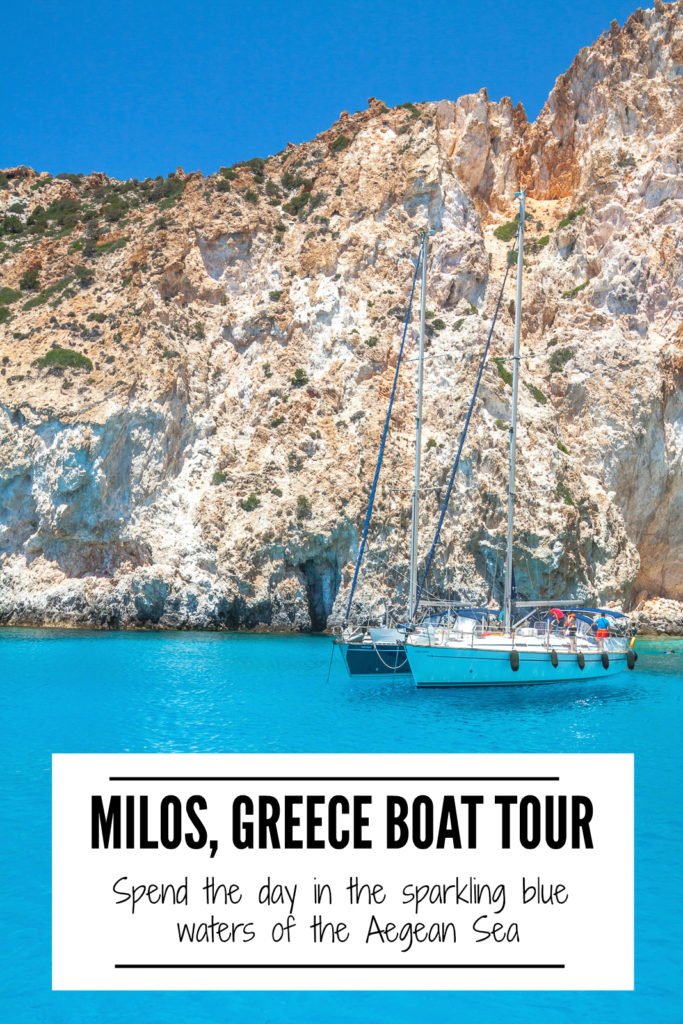 Milos, Greece is the picture-perfect island with unique formations against the bright blue waters of the Aegean Sea. Don’t miss a boat tour to get great views of this stunning island! | www.eatworktravel.com - The luxury, adventure travel couple!